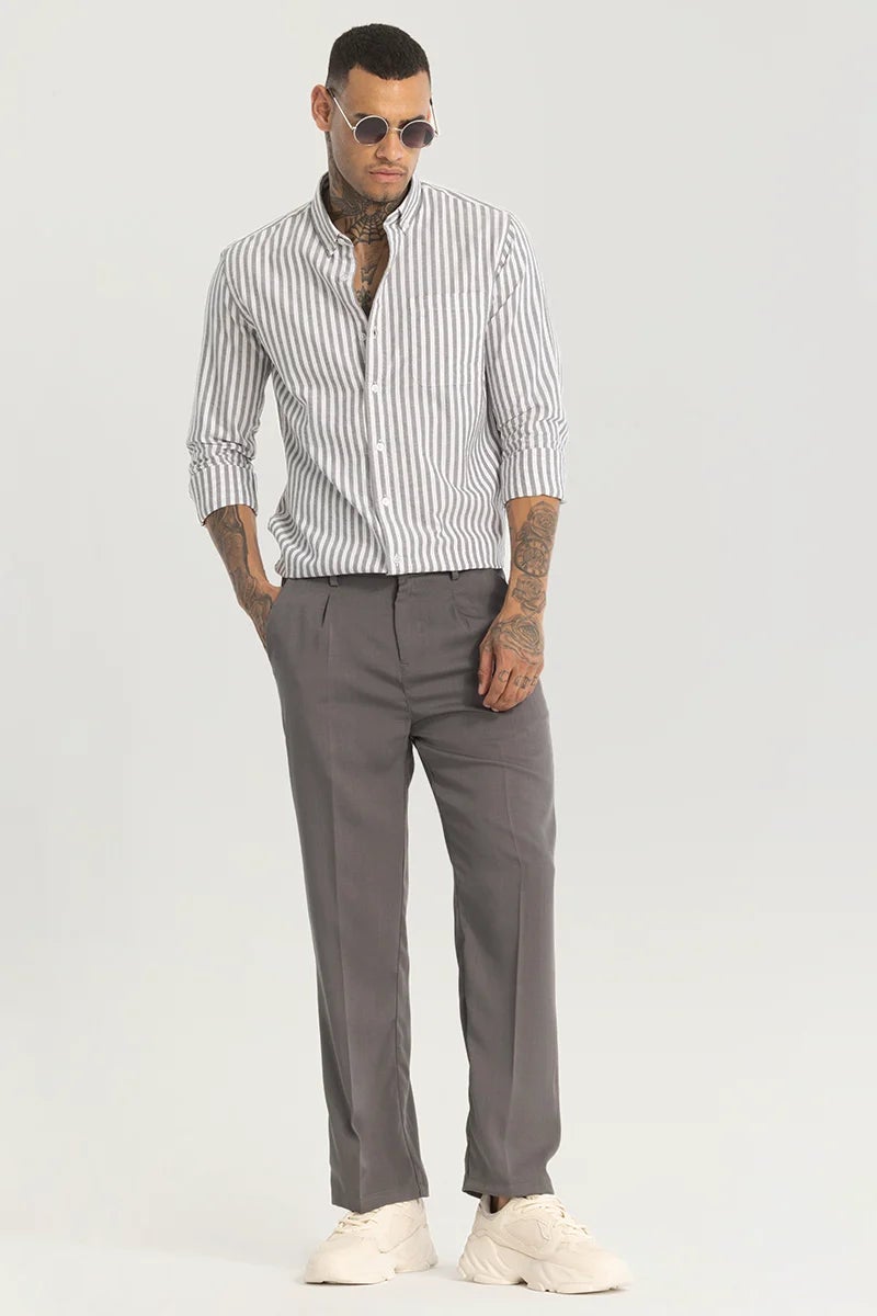 SNITCH Grey Plain Relaxed Fit Trousers - Image 3